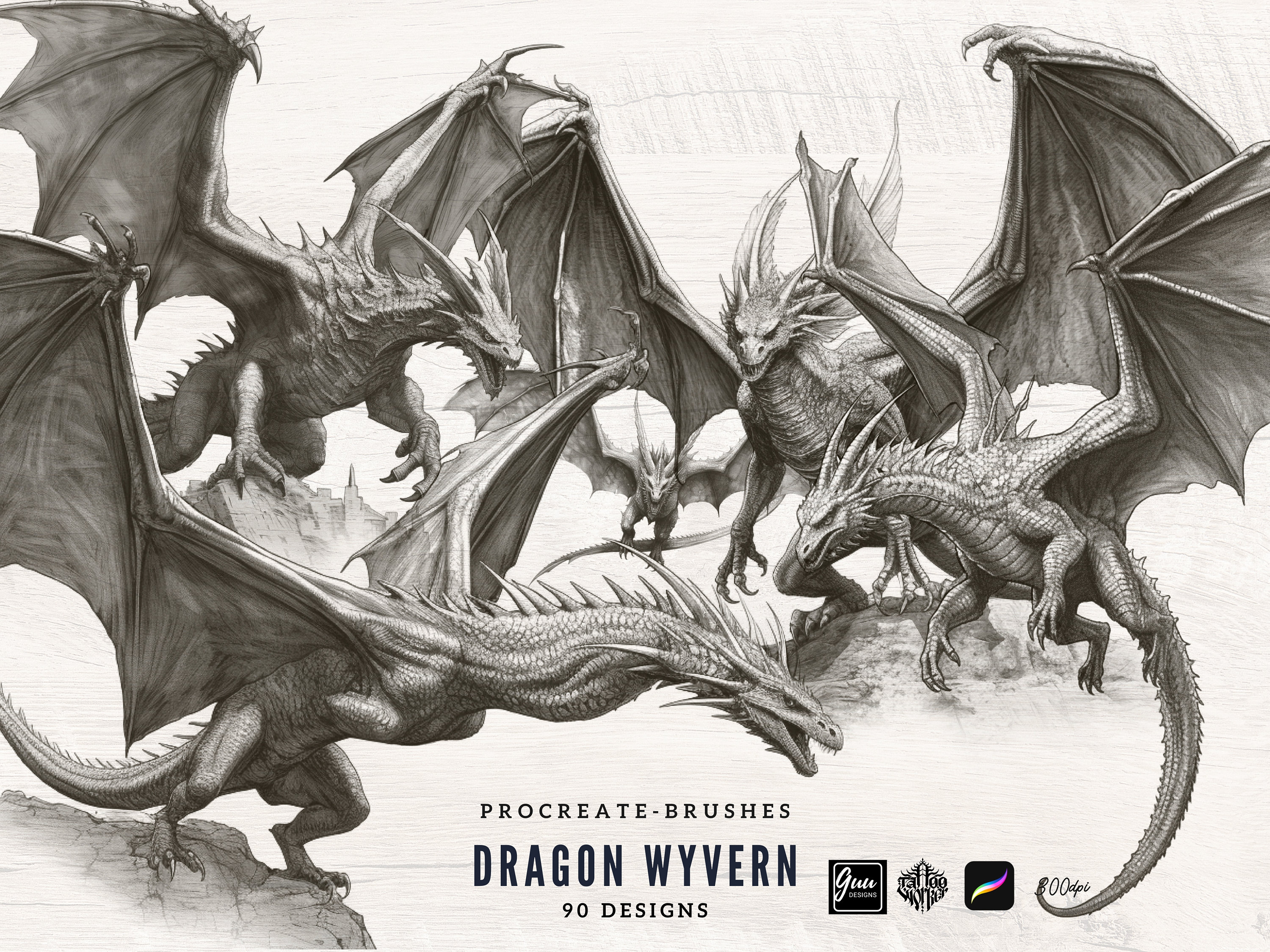 Dragon & Wyvern Procreate Stamps – 90 High-Detail Brush Stamps for iPad Drawing and Tattoo Art