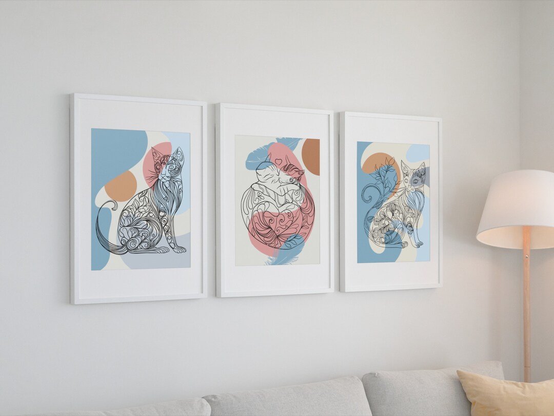 Abstract Cat Art Cat Print Set of 3 Wall Art Boho Art Prints Earth Tone ...