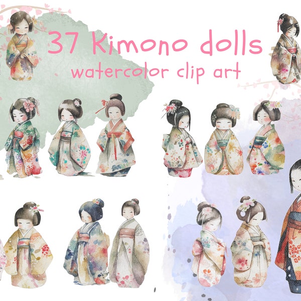 37 Kimono Dolls Watercolor Clipart