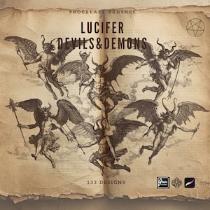 May include: A vintage-style illustration of Lucifer, devils, and demons with wings. The image is in black and white and has a distressed, aged paper background. The text "LUCIFER DEVILS & DEMONS" is at the top of the image, and "133 DESIGNS" is at the bottom.