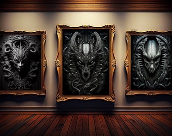 Giger kunst aan de muur | giger kunstprint | set van 3 kunst aan de muur | giger kunstafdrukken | giger afdrukbaar | giger-poster | JPG