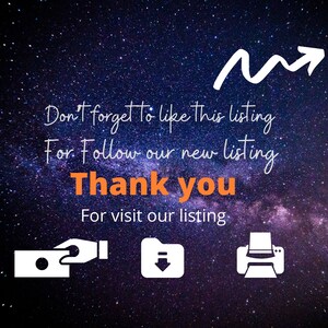 Pu&ograve; includere: Una grafica con uno sfondo di cielo notturno stellato e testo bianco che dice "Non dimenticare di mettere mi piace a questo annuncio. Per seguire il nostro nuovo annuncio. Grazie. Per visitare il nostro annuncio." Ci sono tre icone bianche sotto il testo: una mano che tiene una banconota, una cartella con una freccia verso il basso e una stampante.