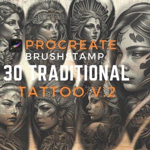 Puede incluir: Un conjunto de 30 sellos de pincel de Procreate con diseños de tatuajes tradicionales. Los sellos representan a varias mujeres con detalles intrincados y líneas audaces. El texto "Procreate Brush Stamp 30 Traditional Tattoo V.2" se muestra en la imagen.