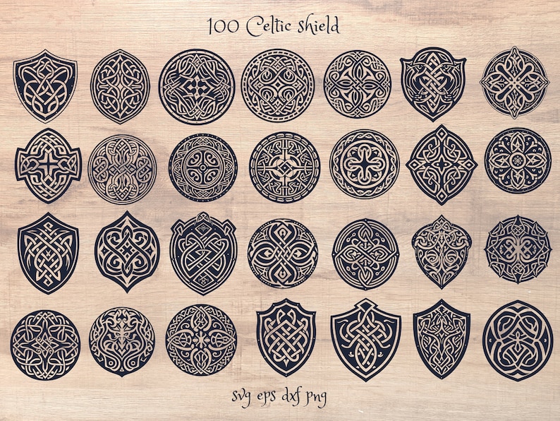 Pu&ograve; includere: Un set di 100 disegni di scudi celtici in bianco e nero. I disegni sono intricati e dettagliati e sarebbero perfetti per l'uso in una variet&agrave; di progetti, come lo scrapbooking, la creazione di biglietti o l'arredamento della casa. L'immagine include anche il testo "100 Celtic shield" e "svg eps dxf png".