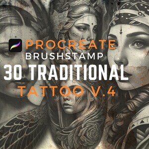 Puede incluir: Procreate Brushstamp 30 Traditional Tattoo V.4, un producto de arte digital que presenta tres ilustraciones en blanco y negro de mujeres con diseños de tatuajes tradicionales.