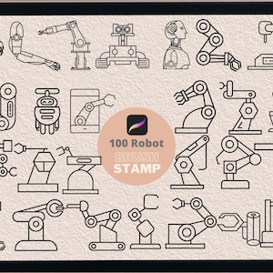 May include: A set of 100 robot brush stamps for digital art. The stamps are black and white line drawings of robots and robot parts. The image includes the text "100 Robot Brush Stamp".