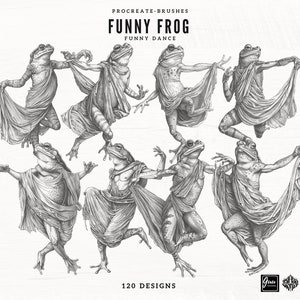 May include: A set of 120 Procreate brushes featuring a collection of dancing frogs in a black and white illustration style. The brushes are designed for use with the Procreate app on iPad.