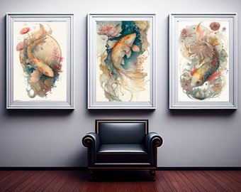 koi fish art | koi fish art print | set of 3 wall art |  water color art prints | koi fish  printable | koi fish  poster | JPG