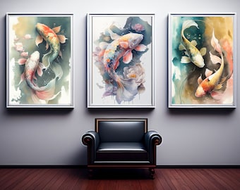 koi fish art | koi fish art print | set of 3 wall art |  koi fish art prints | koi fish  printable | koi fish  poster | JPG