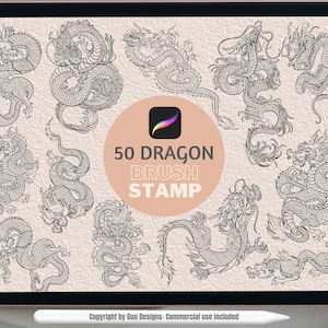 May include: A digital illustration of 50 black and white dragon brush stamps. The image is on a tablet screen with a white stylus next to it. The text "50 Dragon Brush Stamp" is in the center of the image.
