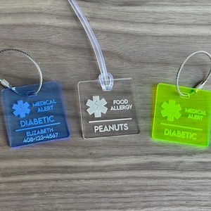 Medical Emergency Tags / Name Tag / Personalized Tag / Travel Tag / Backpack Tag / Bag Tag / Allergy Tag / Food Allergy / Neon Alert Tag