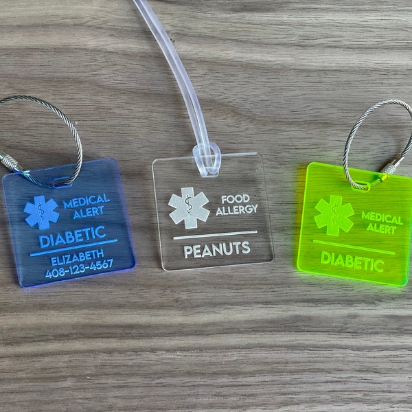 Medical Emergency Tags / Name Tag / Personalized Tag / Travel Tag / Backpack Tag / Bag Tag / Allergy Tag / Food Allergy / Neon Alert Tag