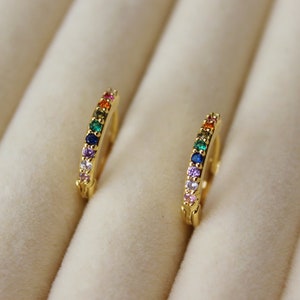Rainbow Hoop Earrings – rainbow earrings 18K gold huggie hoops rainbow cz earrings cz pave rainbow colour hoops colourful huggies gifts