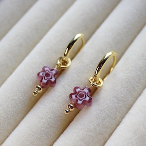 Millefiori Earrings - flower huggie hoops millefiori glass earrings murano millefiori earrings purple flower earrings 70s flower earrings