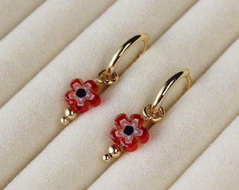 Millefiori Earrings - flower huggie hoops millefiori glass earrings murano millefiori earrings red flower earrings 70s flower earrings