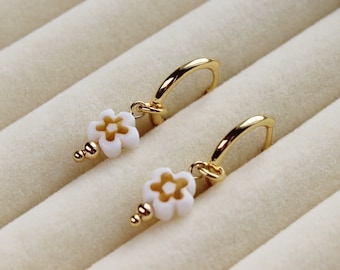 Millefiori Earrings - flower huggie hoops millefiori glass earrings murano millefiori earrings white flower earrings 70s flower earrings