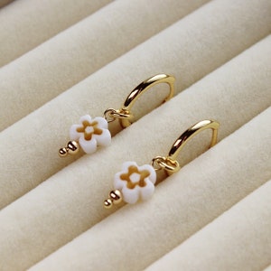 Millefiori Earrings - flower huggie hoops millefiori glass earrings murano millefiori earrings white flower earrings 70s flower earrings