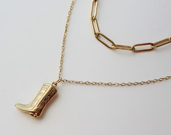 Collar de bota de vaquero - collar de bota de vaquero de oro collar de encanto de oro collar de cadena de acero inoxidable conjunto de dos paquetes 18K collar de pila de oro