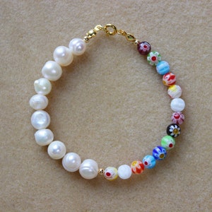 Millefiori Bracelet – millefiori glass beaded bracelet floral bracelet 18K Gold bracelet freshwater pearl bracelets with millefiori handmade