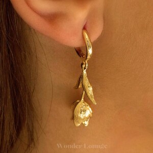 Tulip Earrings - gold tulip earrings dangle tulip earrings gold tulip charm tulip jewelry flower earrings floral huggie hoop earrings