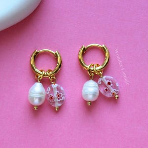 Millefiori Earrings -  pink flower earrings millefiori glass beads gold hoop earrings pearl huggies handmade earrings 18K gold huggie hoops