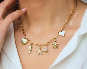 Ocean Theme Necklace - fish necklace ocean charm necklace ocean inspired necklace starfish necklace seashell necklace stainless steel