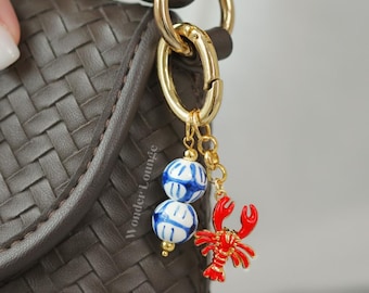 Lobster Bag Charm - gold lobster charm red lobster keychain fish bag charm gold purse charm lobster handbag charm white bag charm blue