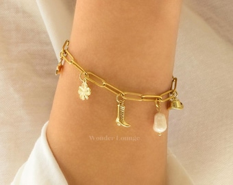 Cowgirl Charm Bracelet - gold cowboy boot bracelet gold cowboy hat bracelet pearl bracelet clover bracelet star bracelet waterproof jewelry