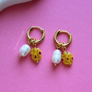 Millefiori Earrings -  yellow flower earrings millefiori glass beads gold hoop earrings huggies handmade earrings 18K gold huggie hoops