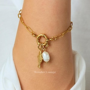 Gold Fish Bracelet- sardine bracelet gold sardines bracelet gold multi charm bracelet custom charm bracelet gold pearl bracelet waterproof