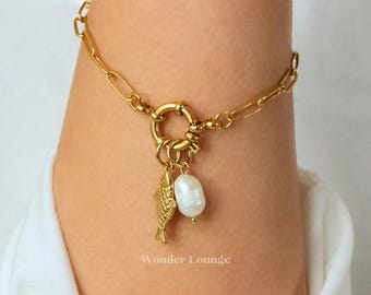 Gold Fish Bracelet- sardine bracelet gold sardines bracelet gold multi charm bracelet custom charm bracelet gold pearl bracelet waterproof