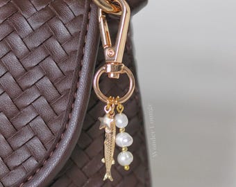 Fish Bag Charm - sardine bag charm nautical bag charm baroque pearl bag charm star bag charm gold bag charm fish purse charm beach bag charm