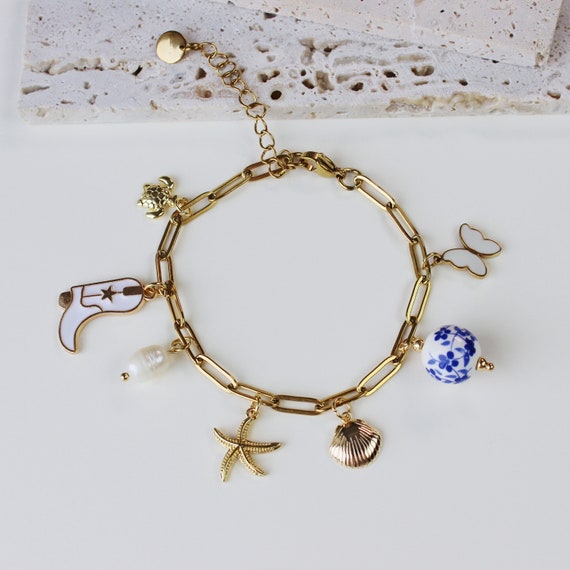 Ocean Charm Bracelet - seashell bracelet starfish bracelet beach bracelet ocean jewelry surfer girl bracelet cowboy boot bracelet waterproof