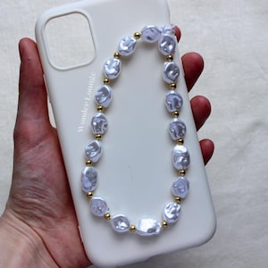 Pearl Phone Strap - bead phone strap beaded phone strap chunky phone strap phone wrist strap pearl personalized phone charm bead phone charm