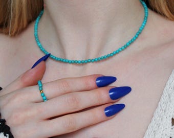 Dainty Turquoise Beaded Necklace – Gold or Silver, Custom Length, Choker, Gemstone Jewellery