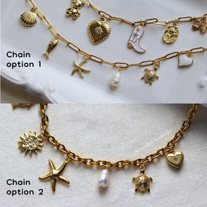 May include: Two gold-colored charm necklaces. Chain option 1 features charms like a seashell, teddy bear, heart, fish, starfish, pearl, and turtle. Chain option 2 includes a sun, starfish, pearl, and turtle charms. The text "Chain option 1" and "Chain option 2" are visible.