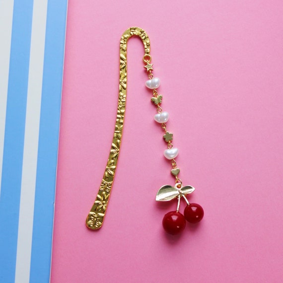 Cherry Bookmark - bead bookmark pearl bookmark with bead charmed bookmark bead pearl bookmark gift for readers red bookmark bookish gifts