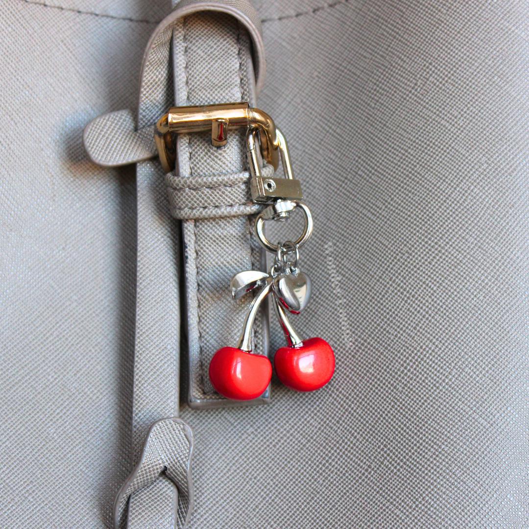 OXIHOUSE&CO Cherry Bag Charm Keychain - Silver Purse Accessory, Cute Gift For Women