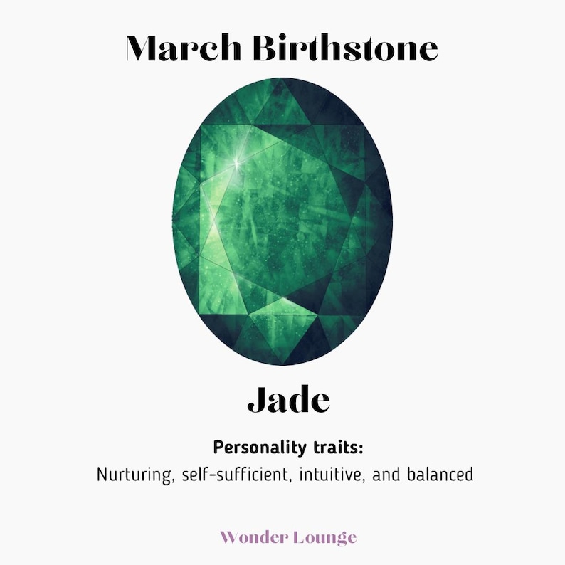 May include: A green jade gemstone, the birthstone for March. The text "March Birthstone" is at the top of the image, and the text "Jade" is below the gemstone. The text "Personality traits: Nurturing, self-sufficient, intuitive, and balanced" is below the word "Jade". The text "Wonder Lounge" is at the bottom of the image.