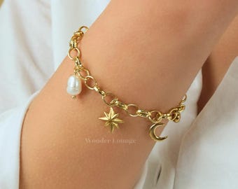 Gold Star Bracelet - starburst bracelet gold moon bracelet gemstone bracelet star charm bracelet moon charm bracelet waterproof