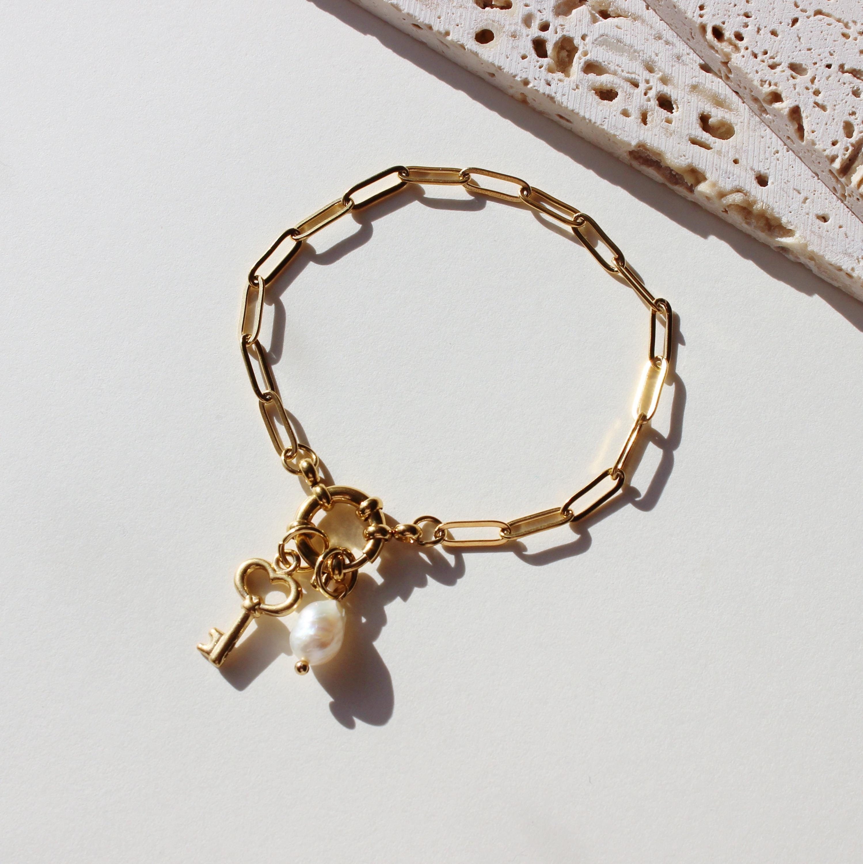 Gold Key Bracelet- custom charm bracelet cluster charm bracelet heart charm bracelet gold heart bracelet pearl bracelet waterproof