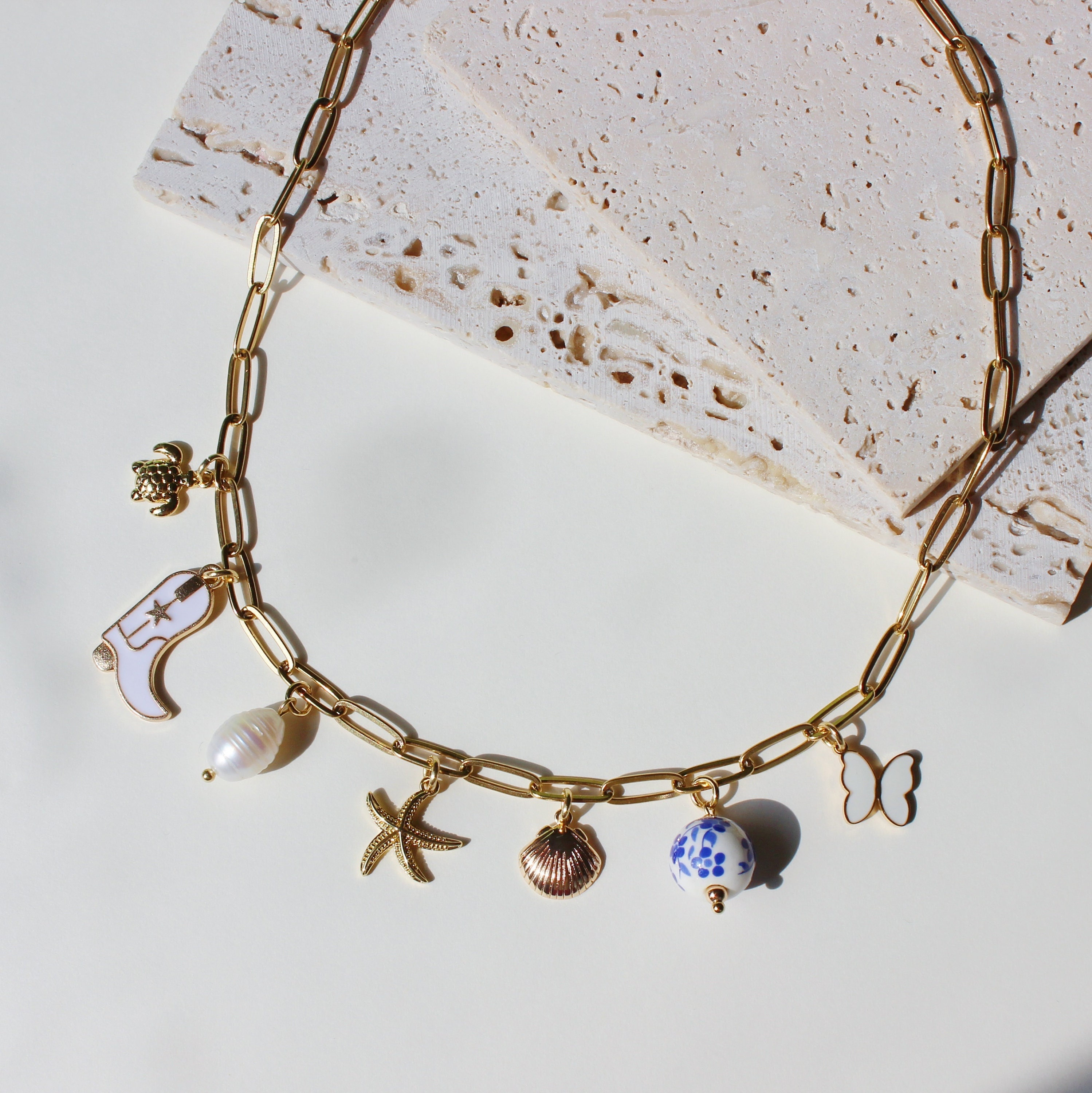 Women's Gold Seashell Charm Necklace & Earrings Set - Beachy Summer Jewelry With Initial Charm