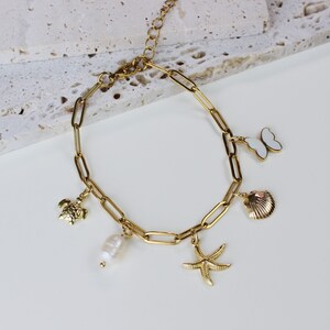 Peut inclure: Bracelet en cha&icirc;ne dor&eacute;e avec des breloques, dont un papillon, une coquille, une &eacute;toile de mer, une perle et une tortue.