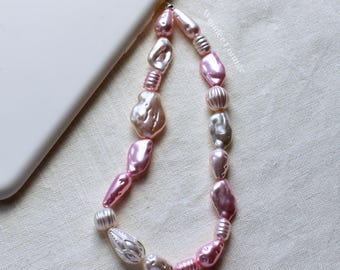 Pink Pearl Phone Strap - pearl phone strap pink phone strap bead phone strap beaded phone strap chunky phone strap phone wrist strap pearl