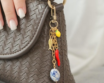 Italian Summer Bag Charm - fish bag charm chilli charm lemon bag charm porcelain charm sardine bag charm fish keychain beach bag charm gold