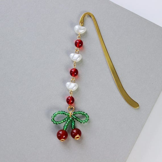 Cherry Bookmark - bead bookmark pearl bookmark with bead charmed bookmark bead pearl bookmark beaded bookmark gift for readers bookish