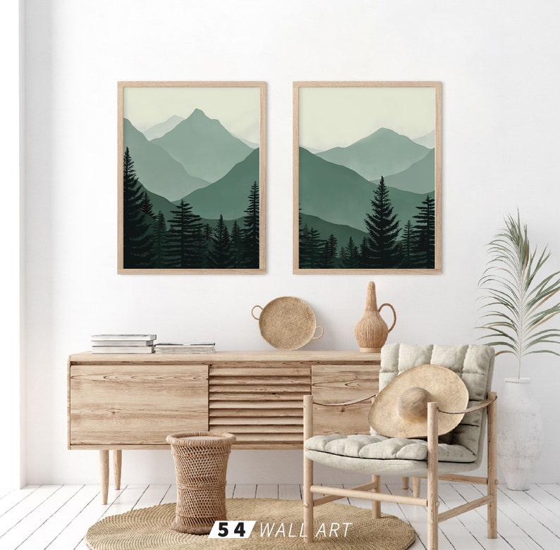 Mountain Printable Wall Art Set of 2 Sage Green Nature Wall Etsy