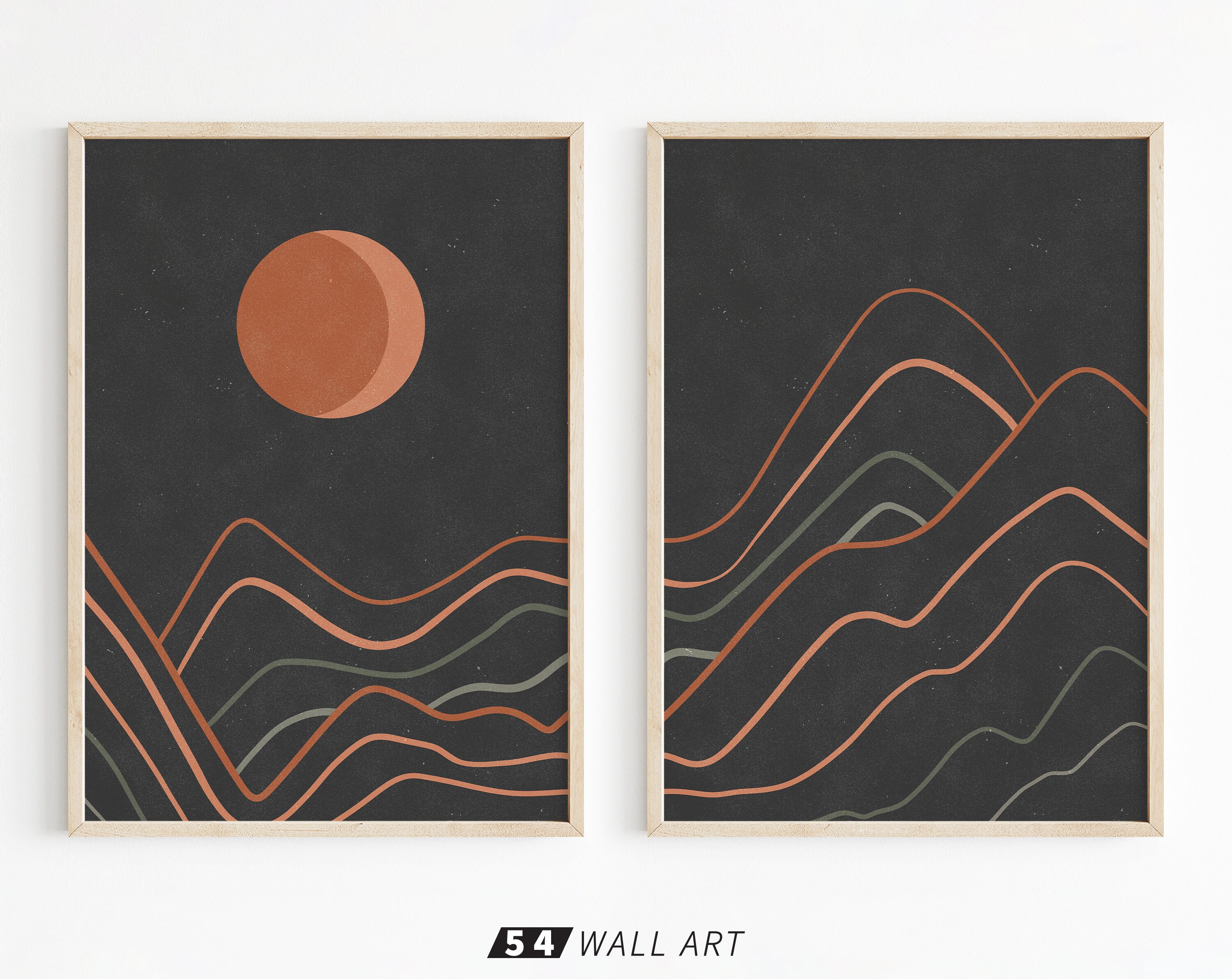 Printable Wall Art Set of 2 Black Wall Art Mountain and Moon Etsy