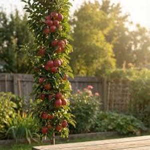 May include: A slender apple tree laden with ripe, red apples. The tree is vertical, with green leaves and numerous clusters of apples. The background includes a wooden fence, other greenery, and sunlight.