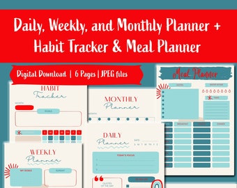 Daily Weekly Monthly Planner - Red and Teal